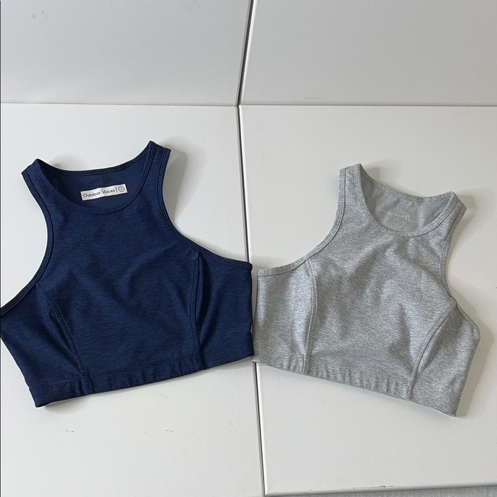 EUC Bundle of 2 Outdoor Voices gray and navy Athena Crop top Sports bra Small